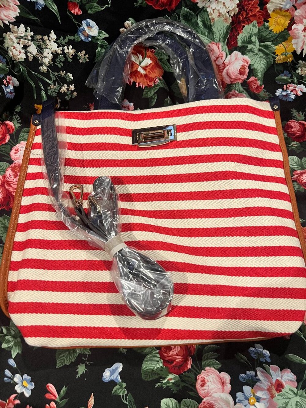 NWT Street Level Red White Striped Nautical Canvas Convertible Tote Bag